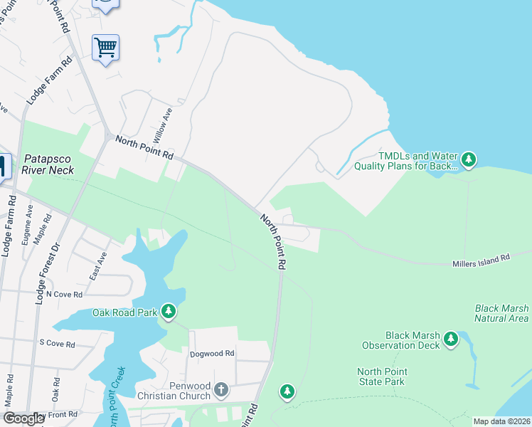 map of restaurants, bars, coffee shops, grocery stores, and more near 8106 North Point Road in Sparrows Point