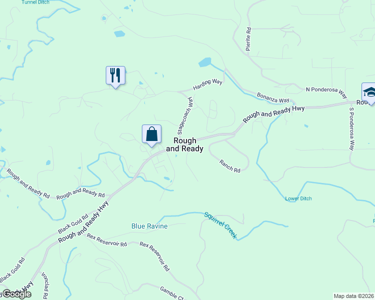 map of restaurants, bars, coffee shops, grocery stores, and more near 14365 Rough and Ready Highway in Rough and Ready