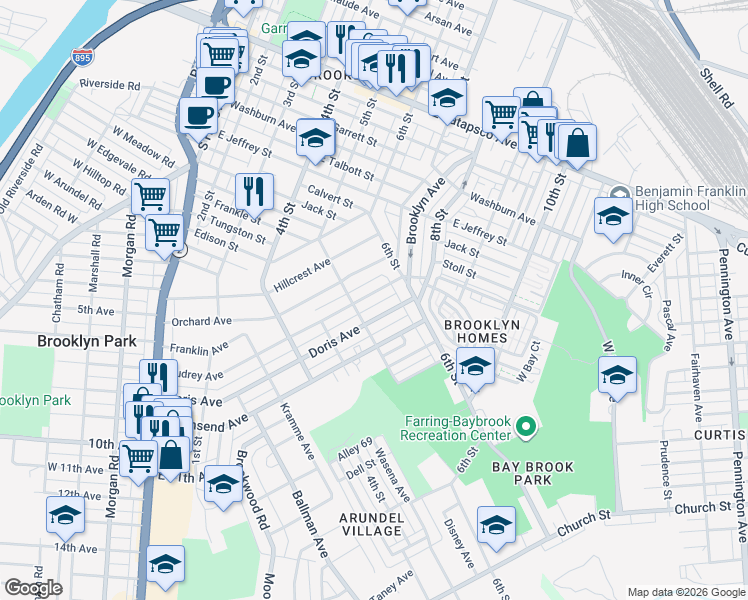map of restaurants, bars, coffee shops, grocery stores, and more near 4127 Audrey Avenue in Baltimore