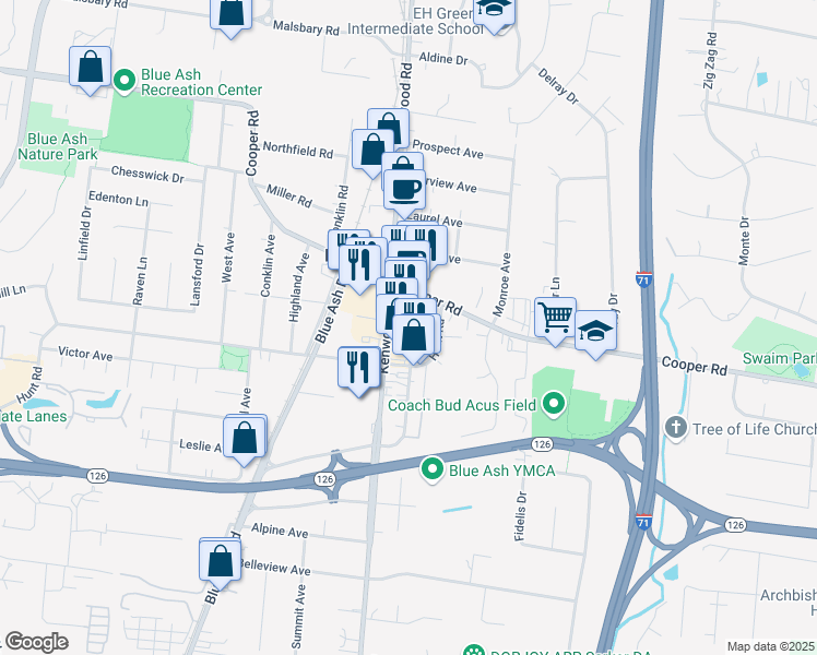 map of restaurants, bars, coffee shops, grocery stores, and more near 9500 Kenwood Road in Cincinnati