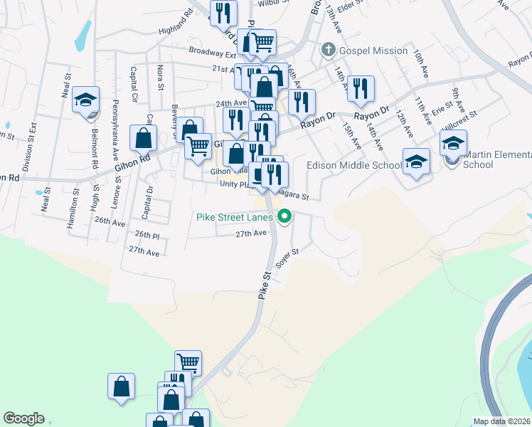 map of restaurants, bars, coffee shops, grocery stores, and more near 2604 Pike Street in Parkersburg