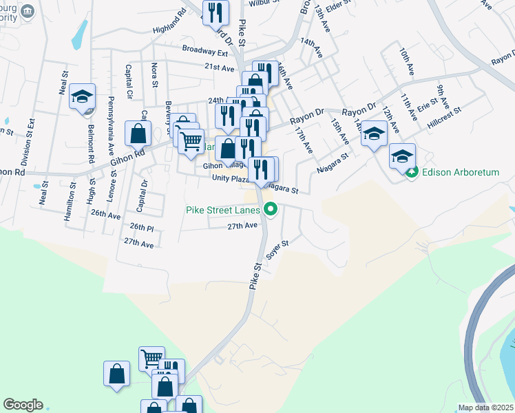 map of restaurants, bars, coffee shops, grocery stores, and more near 2512 26th Avenue in Parkersburg