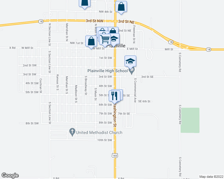 map of restaurants, bars, coffee shops, grocery stores, and more near 560-598 South Washington Street in Plainville