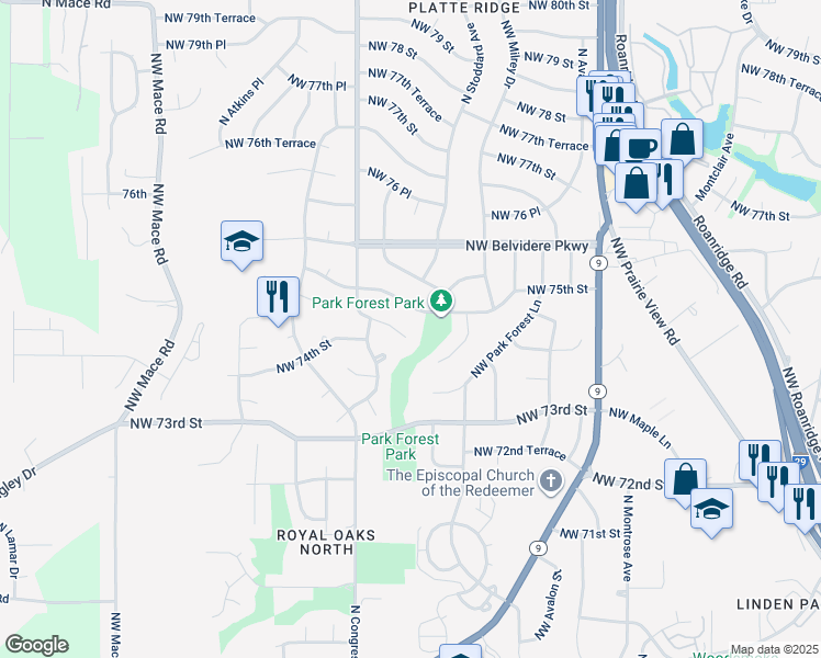 map of restaurants, bars, coffee shops, grocery stores, and more near 7505 Northwest 74th Terrace in Kansas City