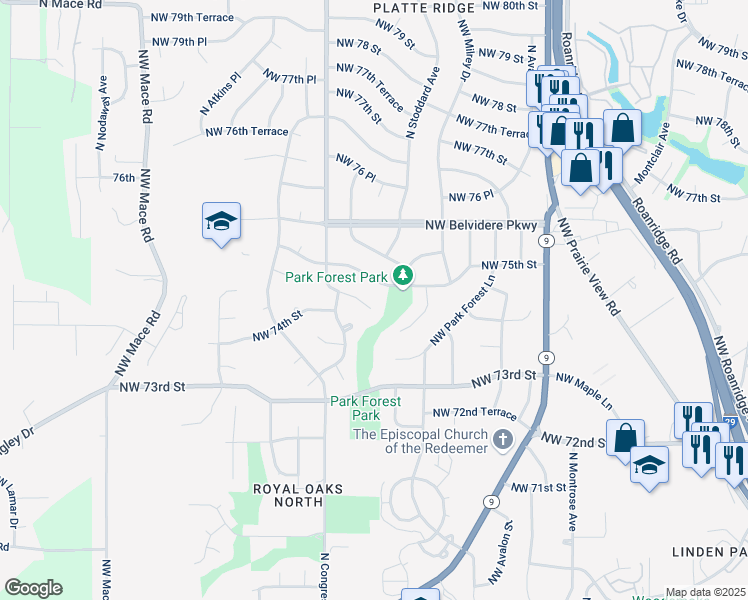 map of restaurants, bars, coffee shops, grocery stores, and more near 7505 Northwest 74th Terrace in Kansas City