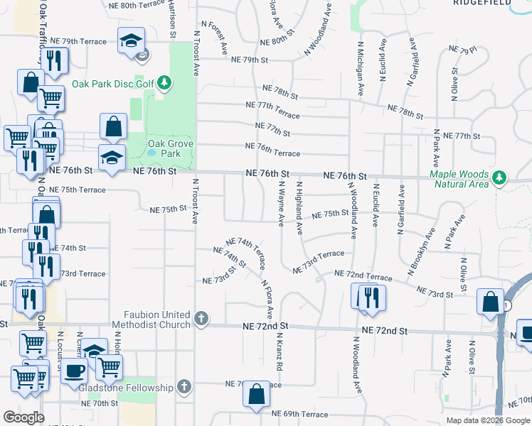 map of restaurants, bars, coffee shops, grocery stores, and more near 1401 Northeast 75th Street in Kansas City