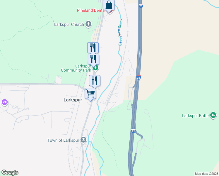 map of restaurants, bars, coffee shops, grocery stores, and more near 9071 South Frink Road in Larkspur