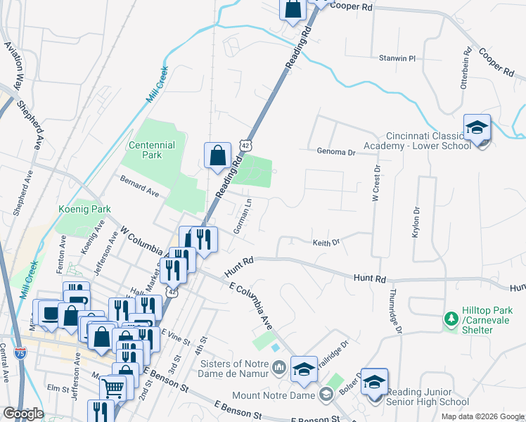 map of restaurants, bars, coffee shops, grocery stores, and more near 62 Gahl Terrace in Cincinnati