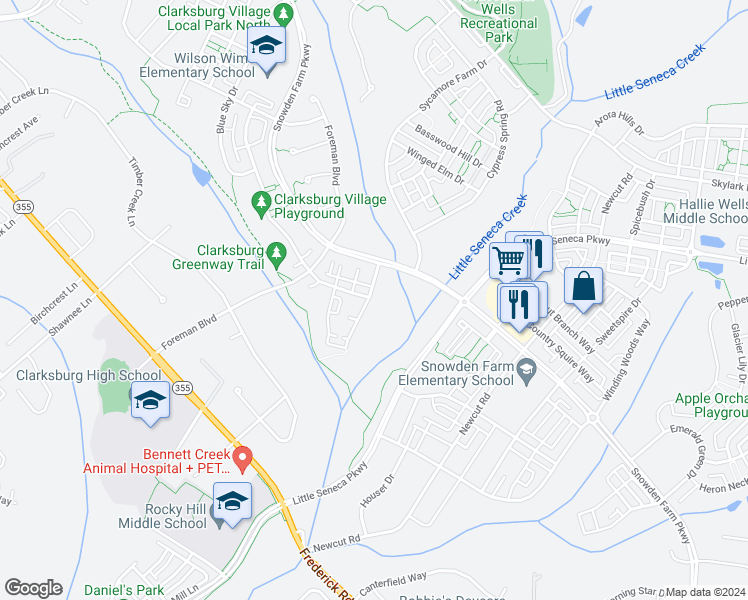 map of restaurants, bars, coffee shops, grocery stores, and more near 12410 Horseshoe Bend Circle in Clarksburg
