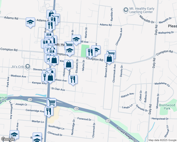 map of restaurants, bars, coffee shops, grocery stores, and more near 7350 Martin Street in Cincinnati