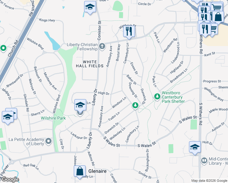 map of restaurants, bars, coffee shops, grocery stores, and more near 1219 Bristol Way in Liberty