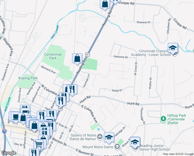 map of restaurants, bars, coffee shops, grocery stores, and more near 62 Gahl Terrace in Cincinnati