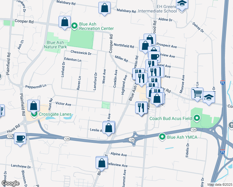 map of restaurants, bars, coffee shops, grocery stores, and more near 9471 Highland Avenue in Cincinnati