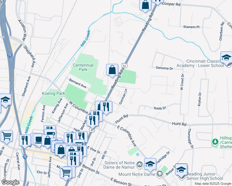 map of restaurants, bars, coffee shops, grocery stores, and more near 1705 Gorman Lane in Reading