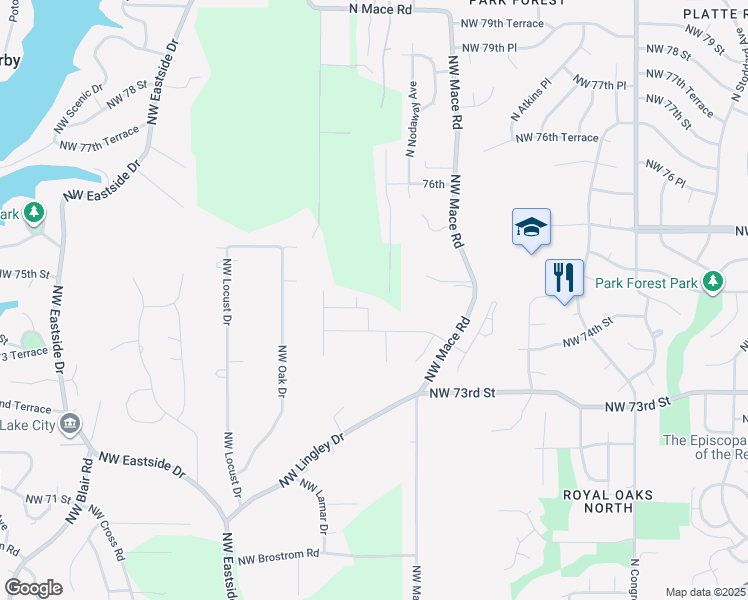 map of restaurants, bars, coffee shops, grocery stores, and more near 8640 Northwest 74th Street in Kansas City