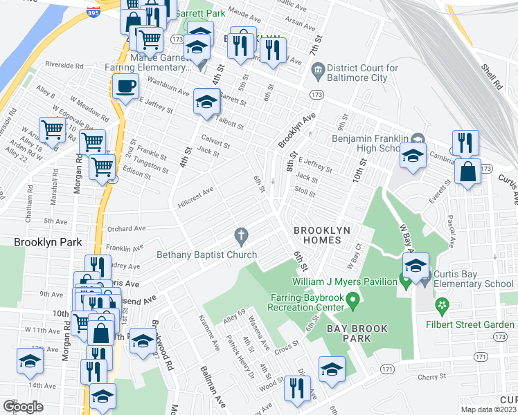 map of restaurants, bars, coffee shops, grocery stores, and more near 4103 Audrey Avenue in Baltimore