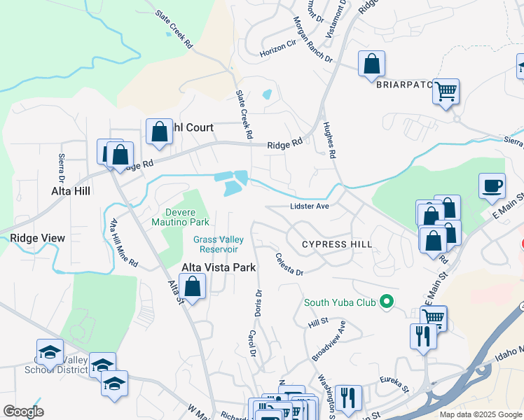 map of restaurants, bars, coffee shops, grocery stores, and more near 138 Lidster Avenue in Grass Valley