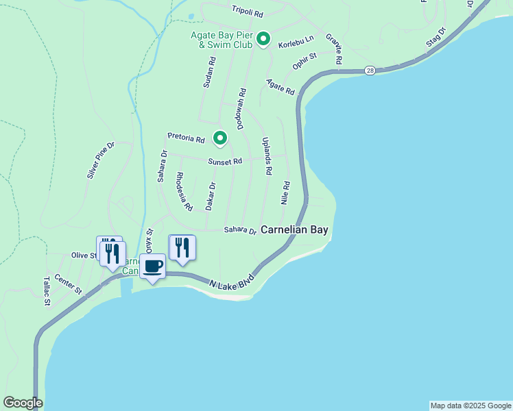 map of restaurants, bars, coffee shops, grocery stores, and more near 5647 Uplands Road in Carnelian Bay