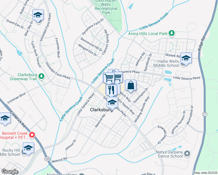 map of restaurants, bars, coffee shops, grocery stores, and more near 22700 Sweet Shrub Drive in Clarksburg