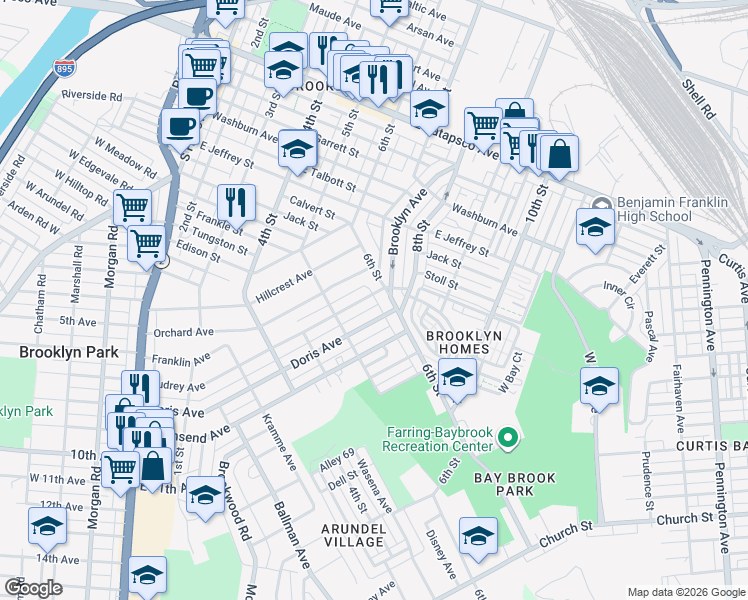map of restaurants, bars, coffee shops, grocery stores, and more near 4101 Audrey Avenue in Baltimore