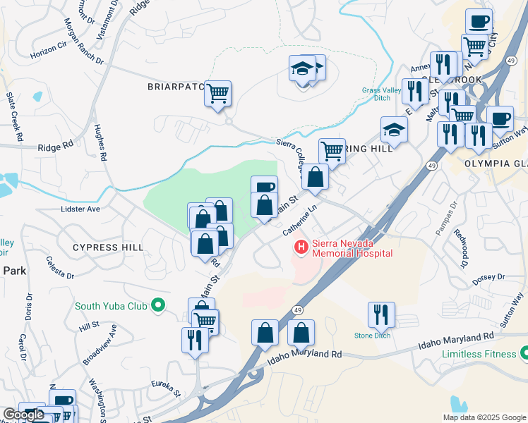 map of restaurants, bars, coffee shops, grocery stores, and more near 1110 East Main Street in Grass Valley