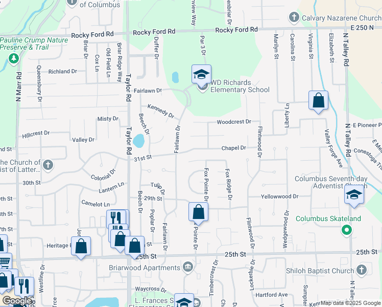 map of restaurants, bars, coffee shops, grocery stores, and more near 4505 Chapel Drive in Columbus