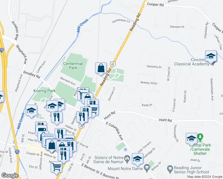 map of restaurants, bars, coffee shops, grocery stores, and more near 1705 Gorman Lane in Reading