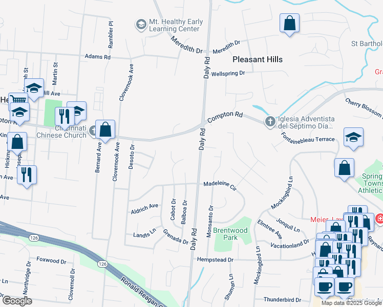 map of restaurants, bars, coffee shops, grocery stores, and more near 8896 Cabot Drive in Cincinnati