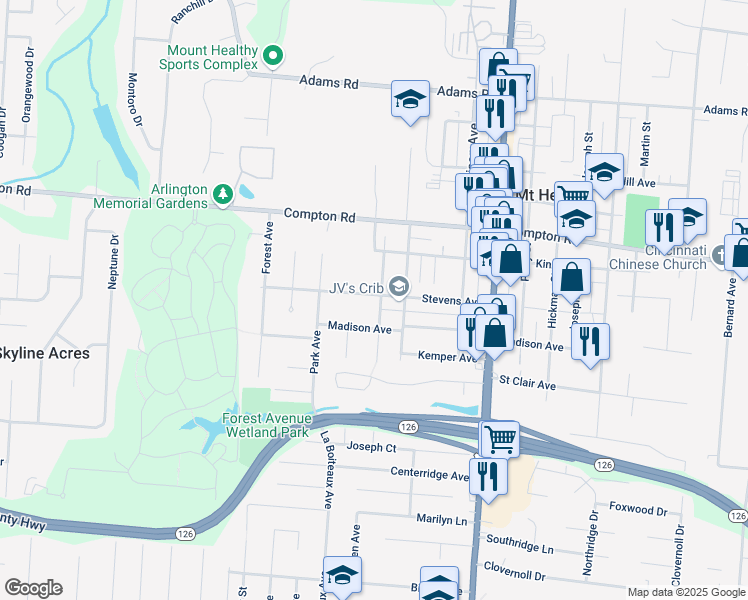 map of restaurants, bars, coffee shops, grocery stores, and more near 7349 Maple Avenue in Cincinnati