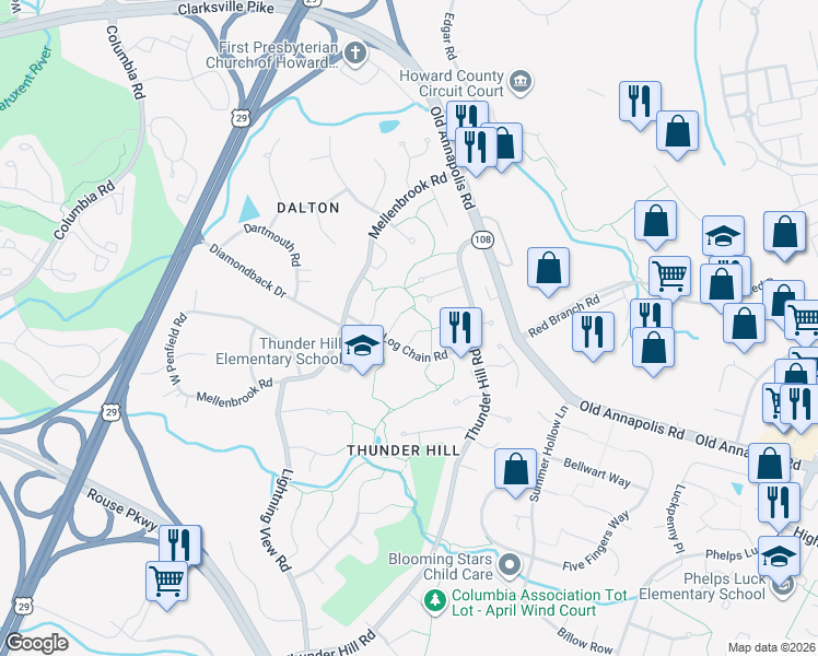 map of restaurants, bars, coffee shops, grocery stores, and more near 9237 Winterfield Lane in Columbia