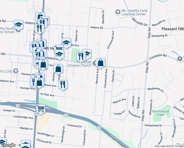 map of restaurants, bars, coffee shops, grocery stores, and more near 1411 Compton Road in Cincinnati