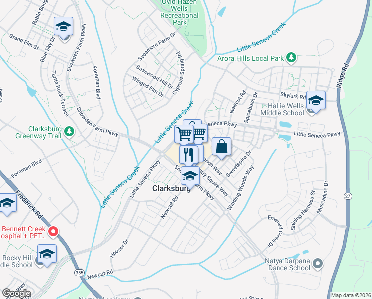 map of restaurants, bars, coffee shops, grocery stores, and more near 22700 Sweet Shrub Drive in Clarksburg