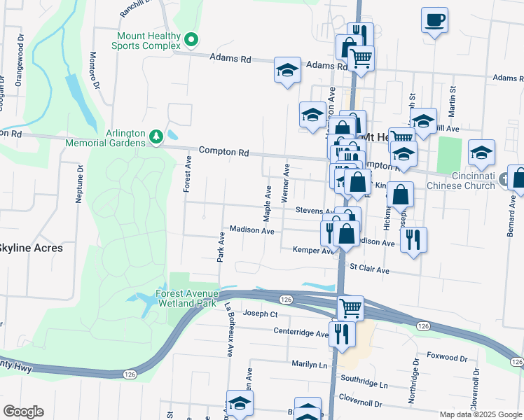 map of restaurants, bars, coffee shops, grocery stores, and more near 7349 Maple Avenue in Cincinnati