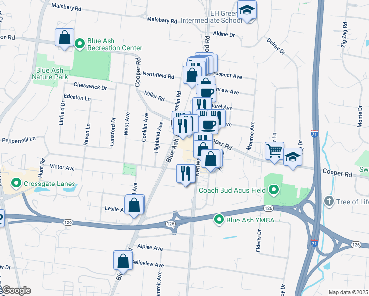map of restaurants, bars, coffee shops, grocery stores, and more near 4699 Cooper Road in Cincinnati