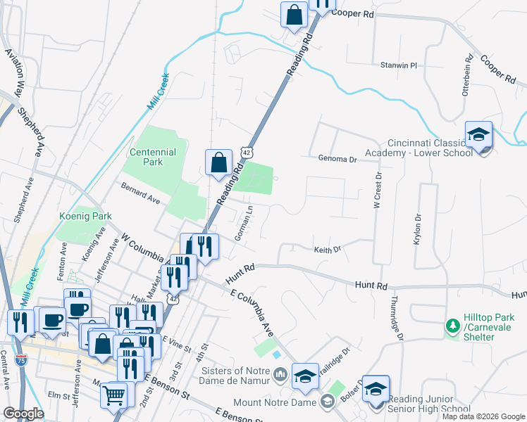 map of restaurants, bars, coffee shops, grocery stores, and more near 34 Gahl Terrace in Cincinnati