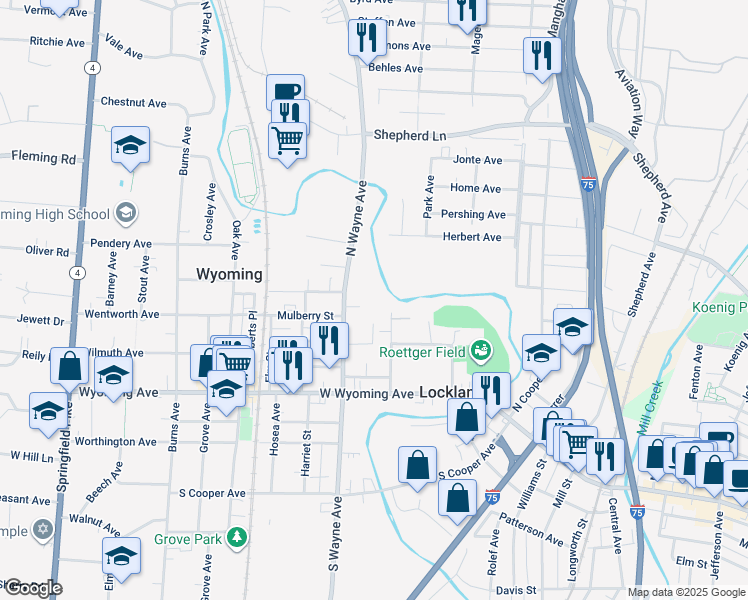 map of restaurants, bars, coffee shops, grocery stores, and more near 1 Mulberry Court in Wyoming