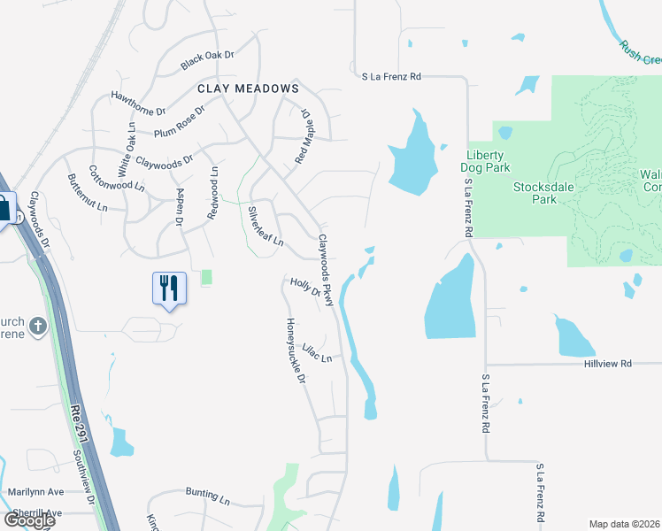 map of restaurants, bars, coffee shops, grocery stores, and more near 1201 Silverleaf Lane in Liberty