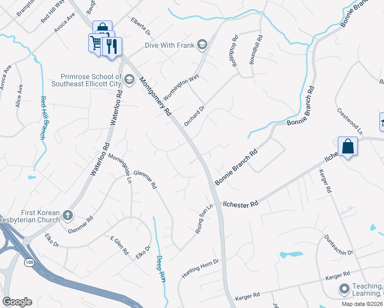 map of restaurants, bars, coffee shops, grocery stores, and more near 5114 Montgomery Road in Ellicott City