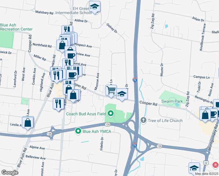 map of restaurants, bars, coffee shops, grocery stores, and more near 9594 Cooper Lane in Blue Ash