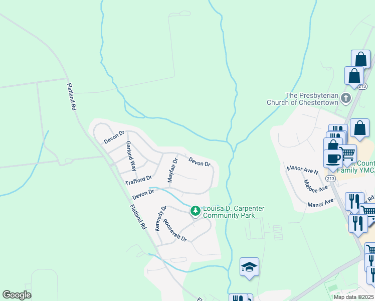 map of restaurants, bars, coffee shops, grocery stores, and more near 251 Devon Drive in Chestertown