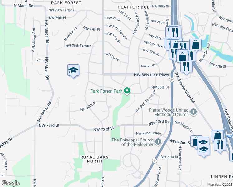 map of restaurants, bars, coffee shops, grocery stores, and more near 7406 Northwest 75th Street in Kansas City
