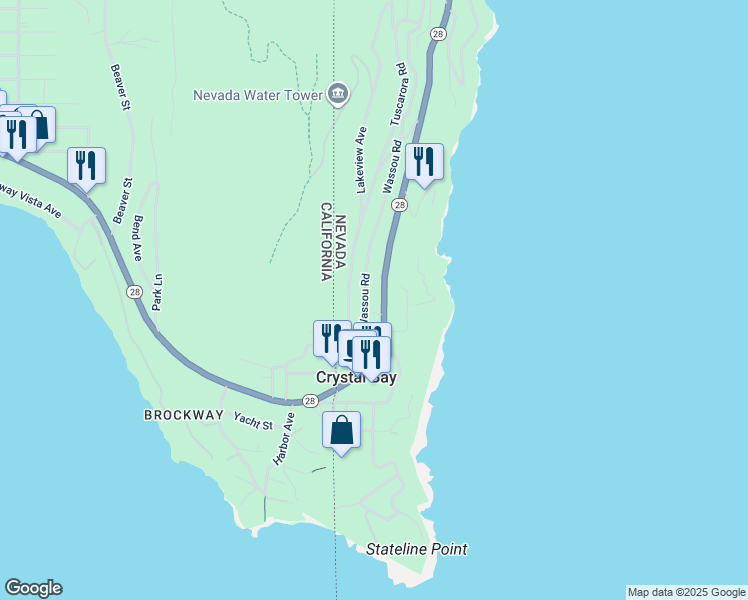 map of restaurants, bars, coffee shops, grocery stores, and more near 1 Big Water Drive in Crystal Bay
