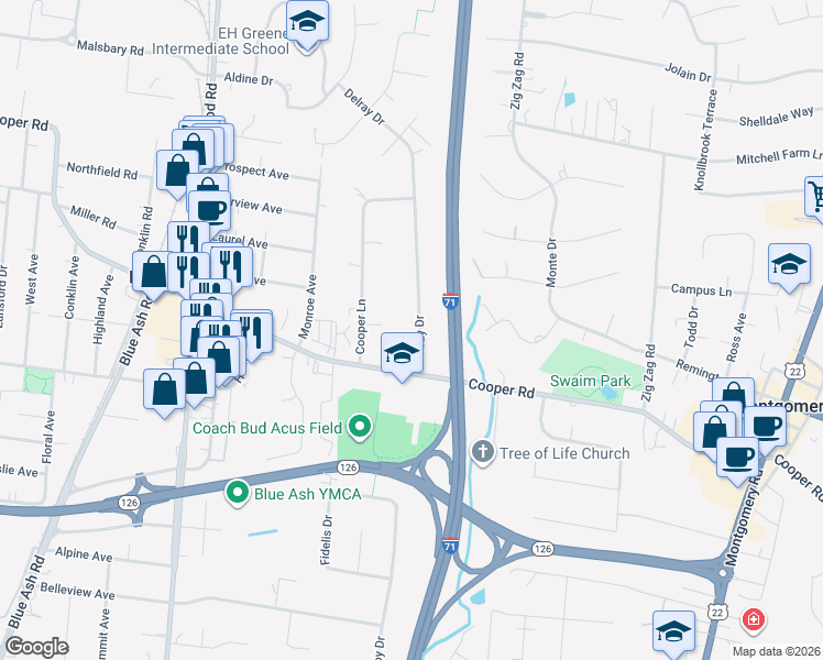 map of restaurants, bars, coffee shops, grocery stores, and more near 9601 Delray Drive in Cincinnati