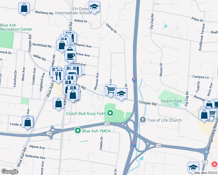 map of restaurants, bars, coffee shops, grocery stores, and more near 9594 Cooper Lane in Blue Ash