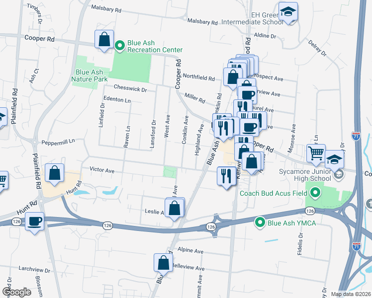 map of restaurants, bars, coffee shops, grocery stores, and more near 9501 Conklin Avenue in Cincinnati