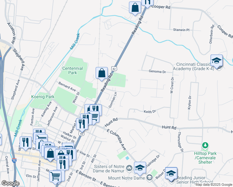 map of restaurants, bars, coffee shops, grocery stores, and more near 34 Gahl Terrace in Cincinnati