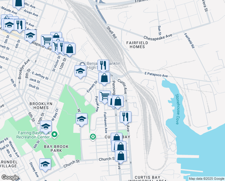 map of restaurants, bars, coffee shops, grocery stores, and more near 3806 Pennington Avenue in Baltimore