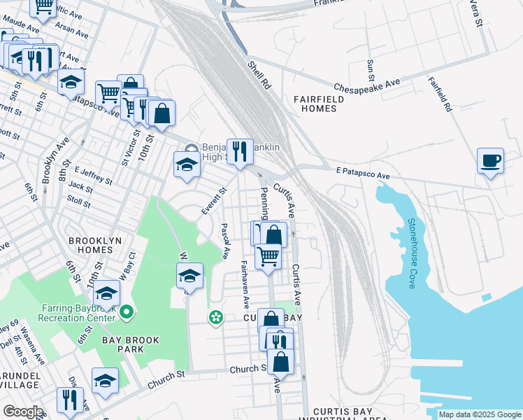 map of restaurants, bars, coffee shops, grocery stores, and more near 3806 Pennington Avenue in Baltimore