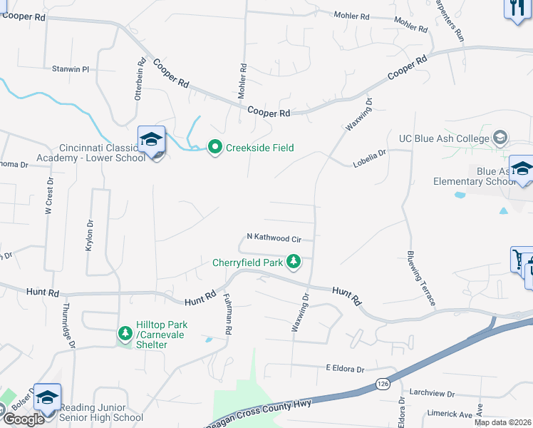map of restaurants, bars, coffee shops, grocery stores, and more near 2576 Petworth Court in Cincinnati