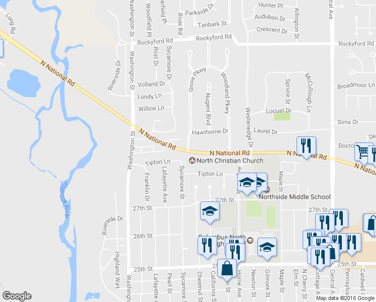 map of restaurants, bars, coffee shops, grocery stores, and more near 3151 North National Road in Columbus